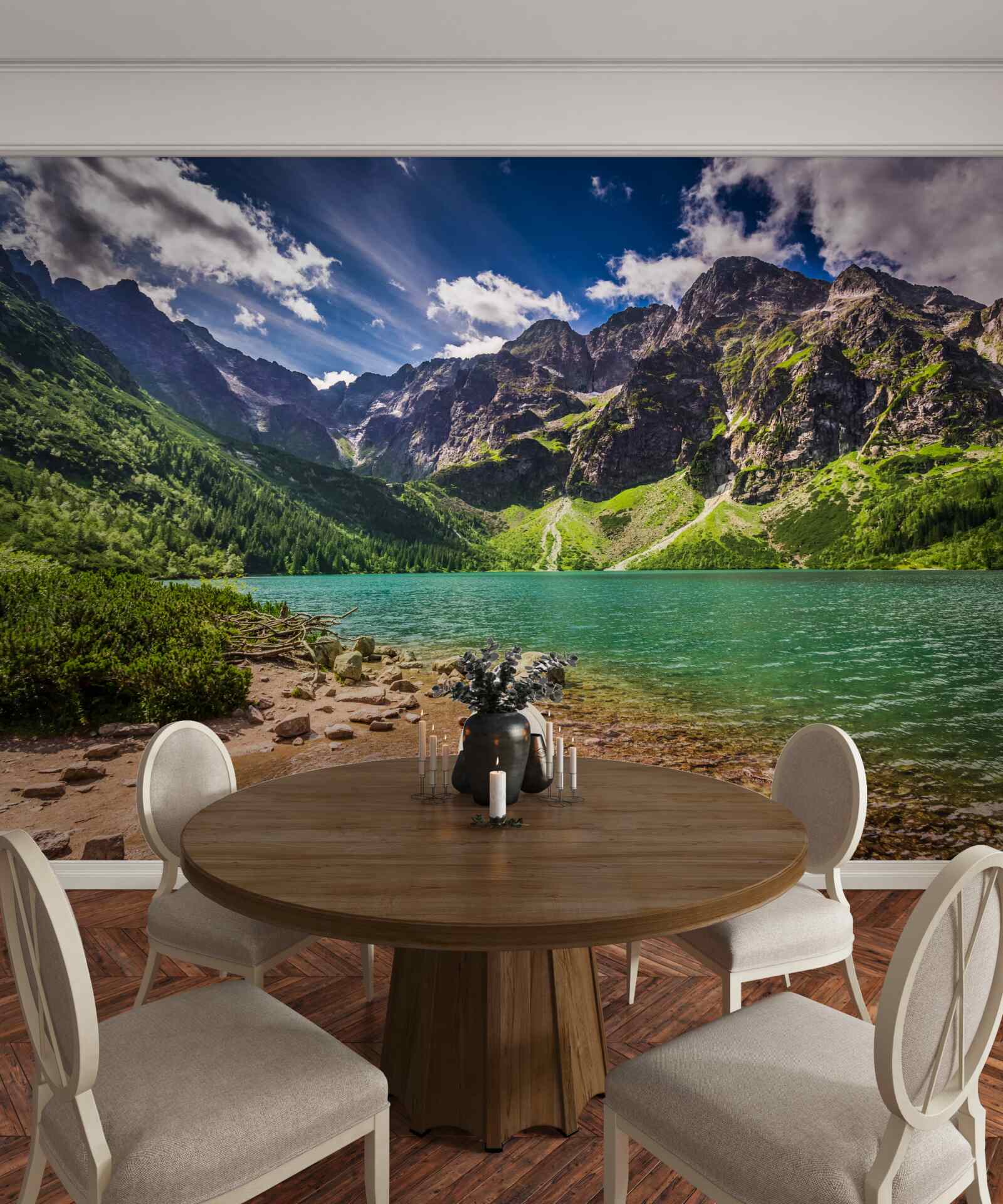 Fototapet o zi de vară lângă un lac înconjurat de munți verzi