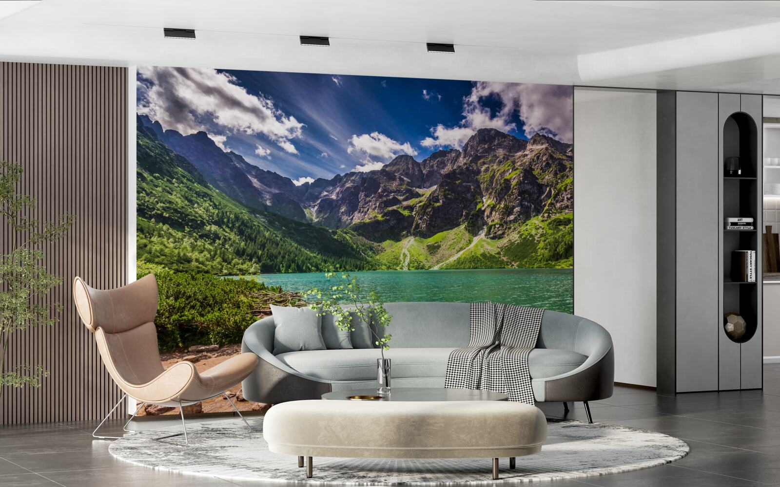 Fototapet o zi de vară lângă un lac înconjurat de munți verzi