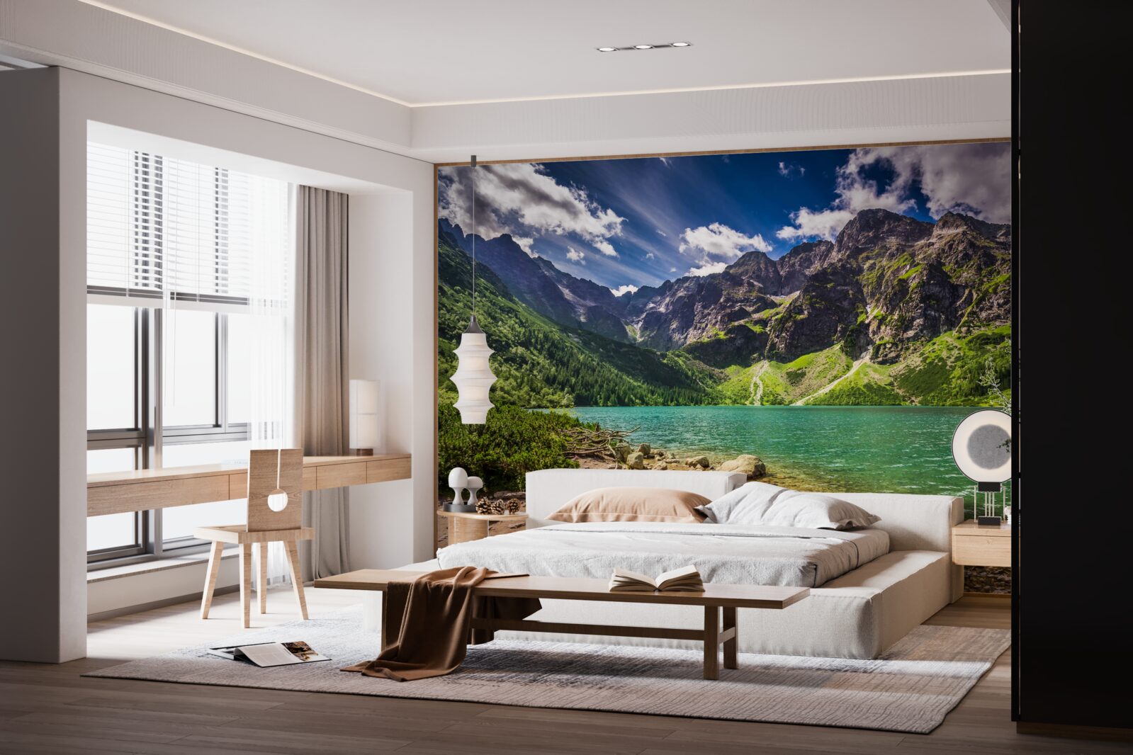 Fototapet o zi de vară lângă un lac înconjurat de munți verzi