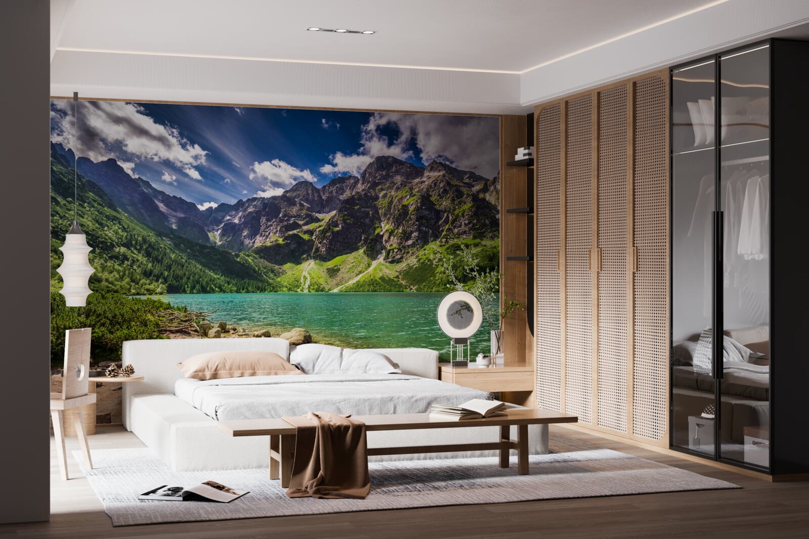 Fototapet o zi de vară lângă un lac înconjurat de munți verzi