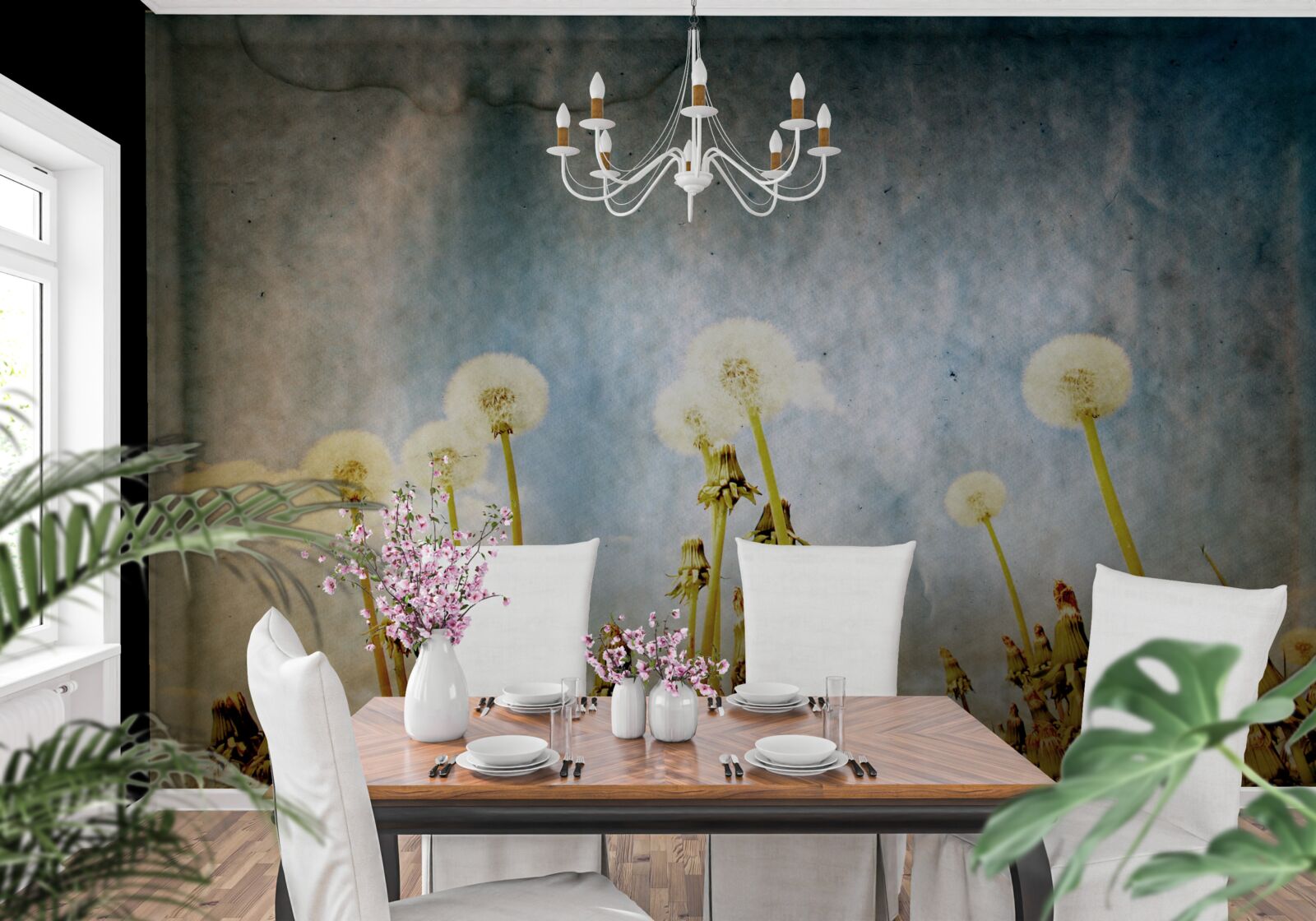 Fototapet apusul de soare este întâmpinat de păpădii grațioase