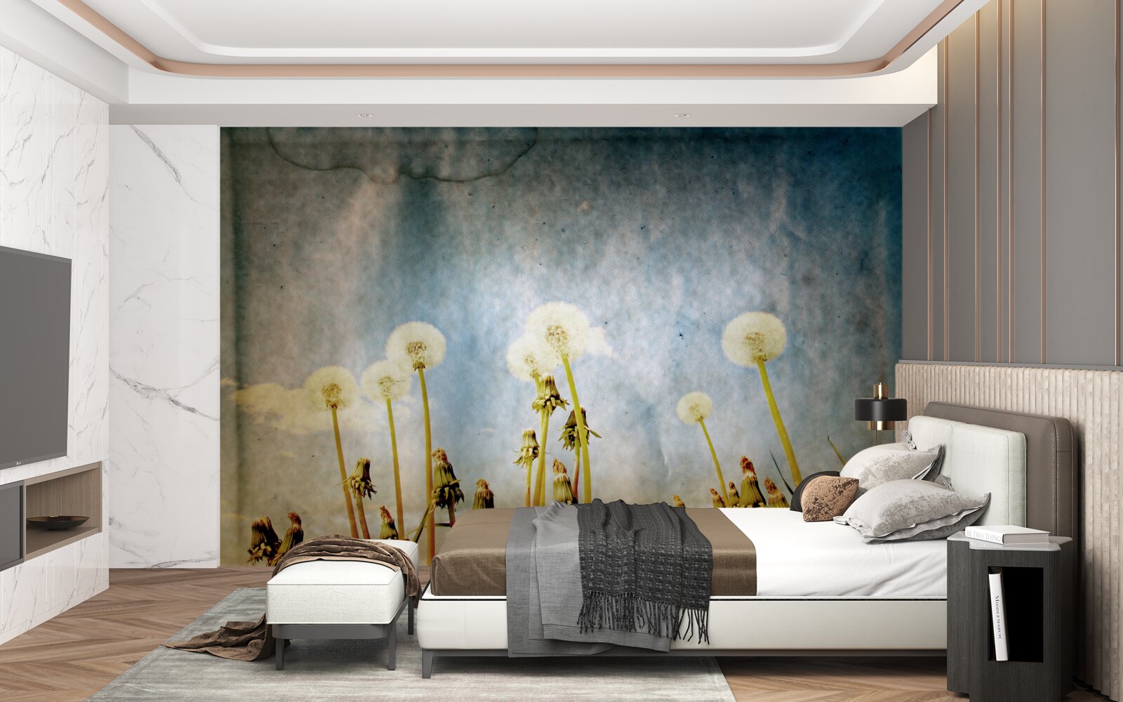 Fototapet apusul de soare este întâmpinat de păpădii grațioase