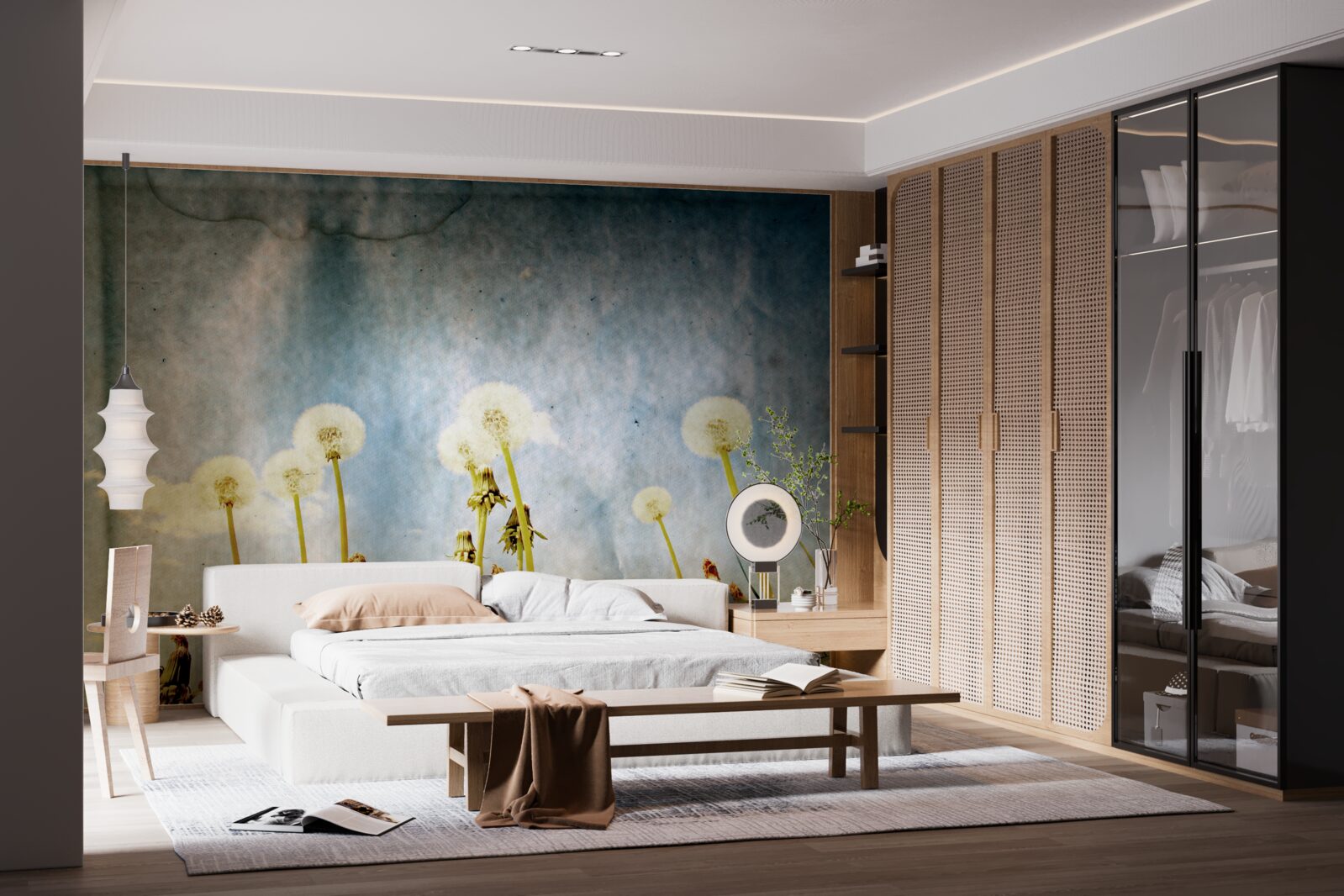 Fototapet apusul de soare este întâmpinat de păpădii grațioase