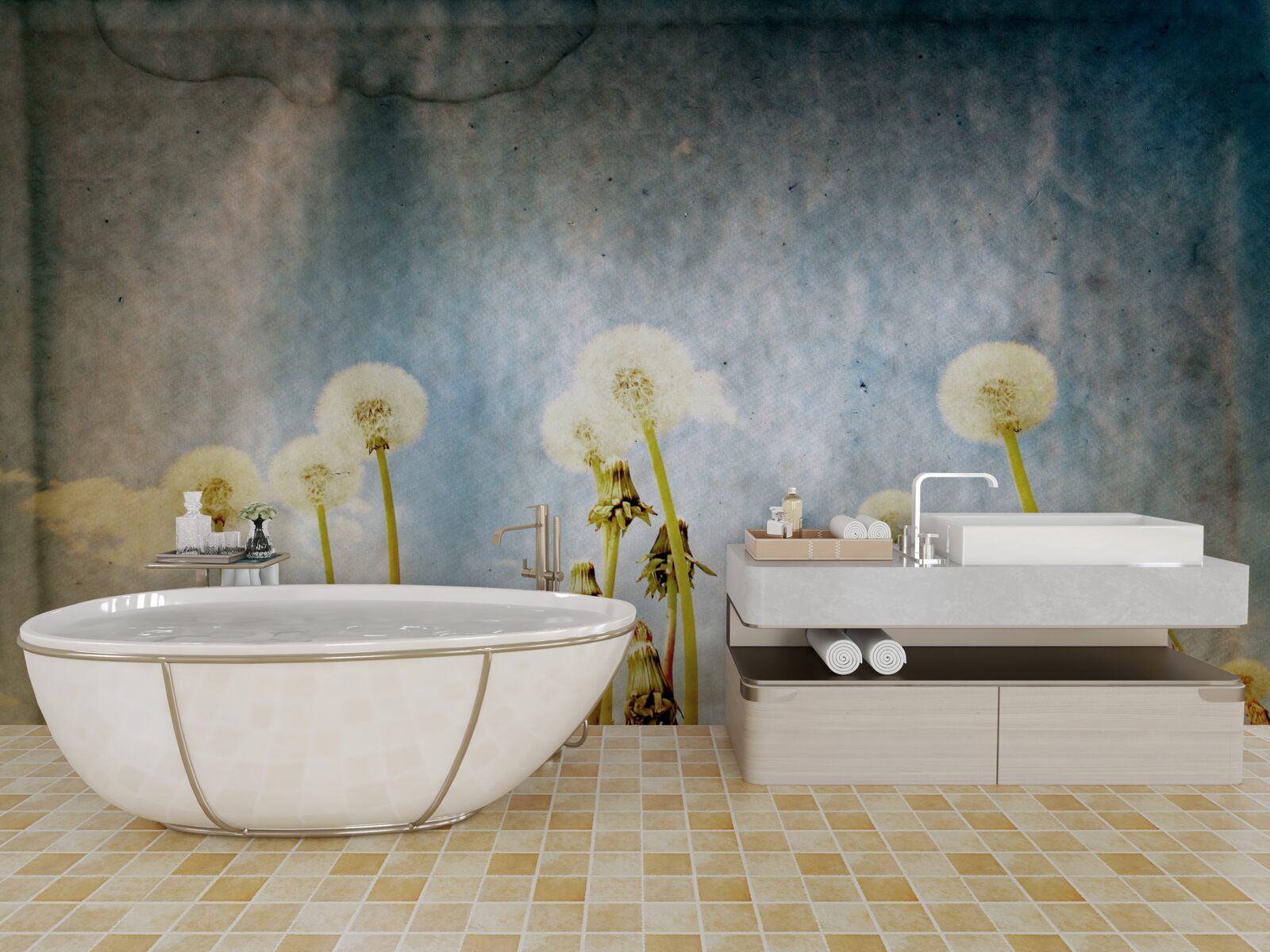 Fototapet apusul de soare este întâmpinat de păpădii grațioase