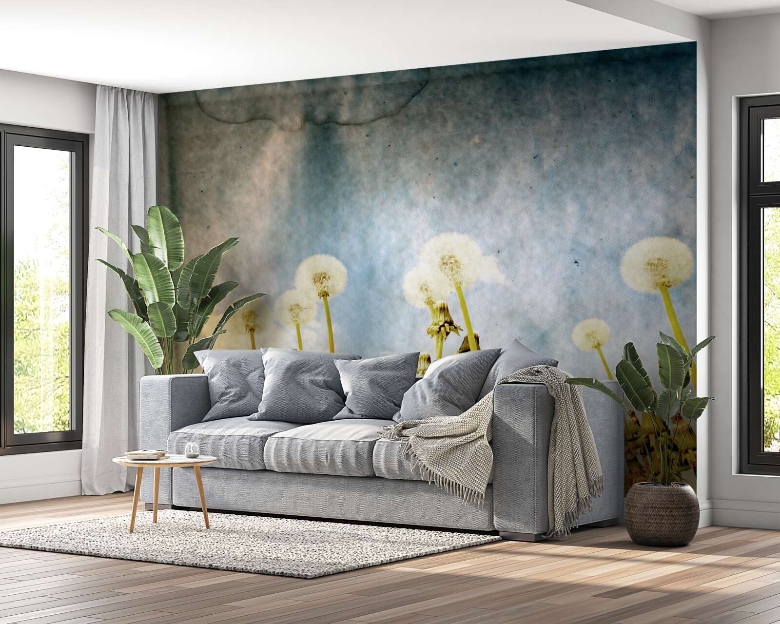 Fototapet apusul de soare este întâmpinat de păpădii grațioase