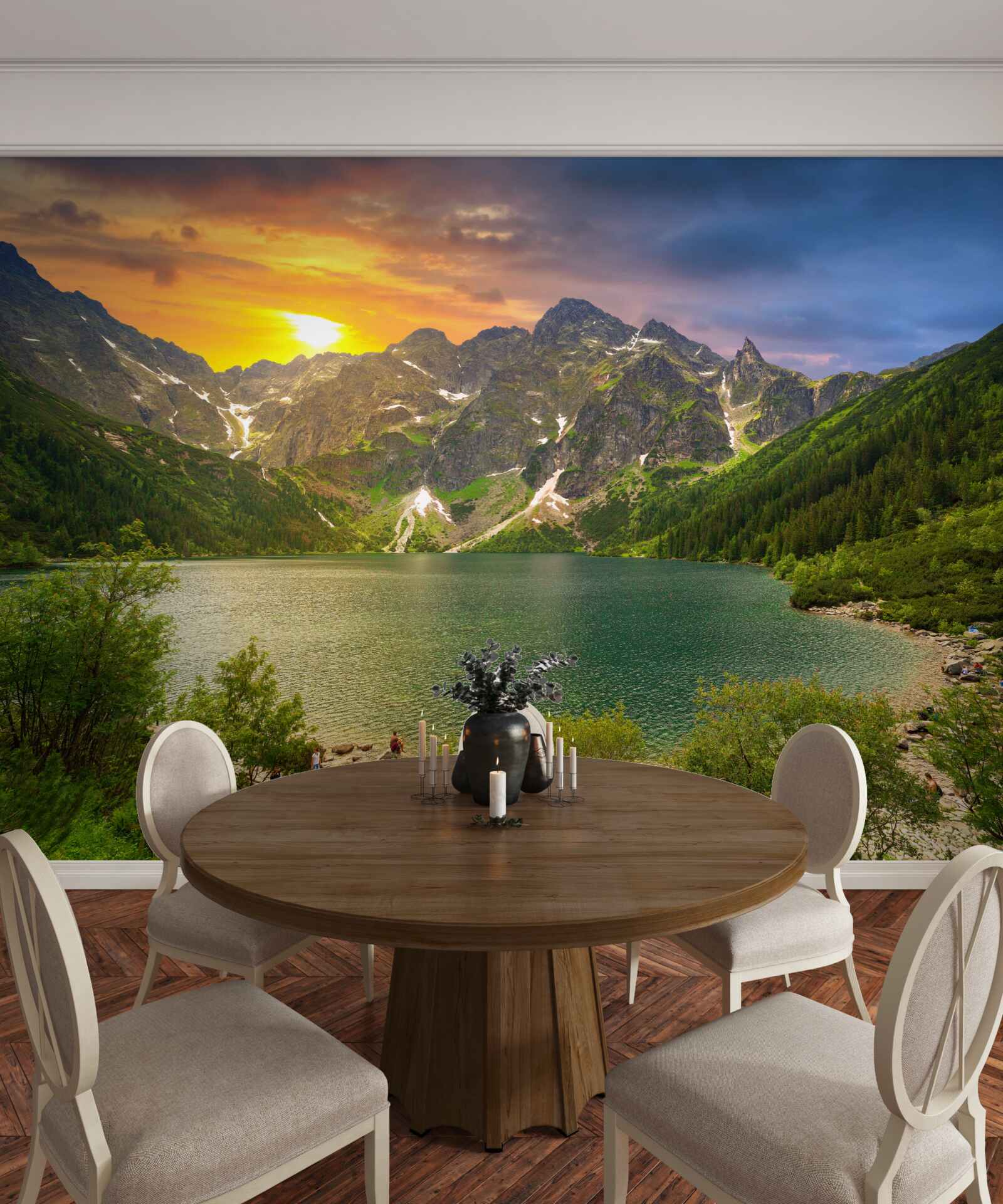 Fototapet apus de soare spectaculos în spatele lanțurilor muntoase de lângă lac