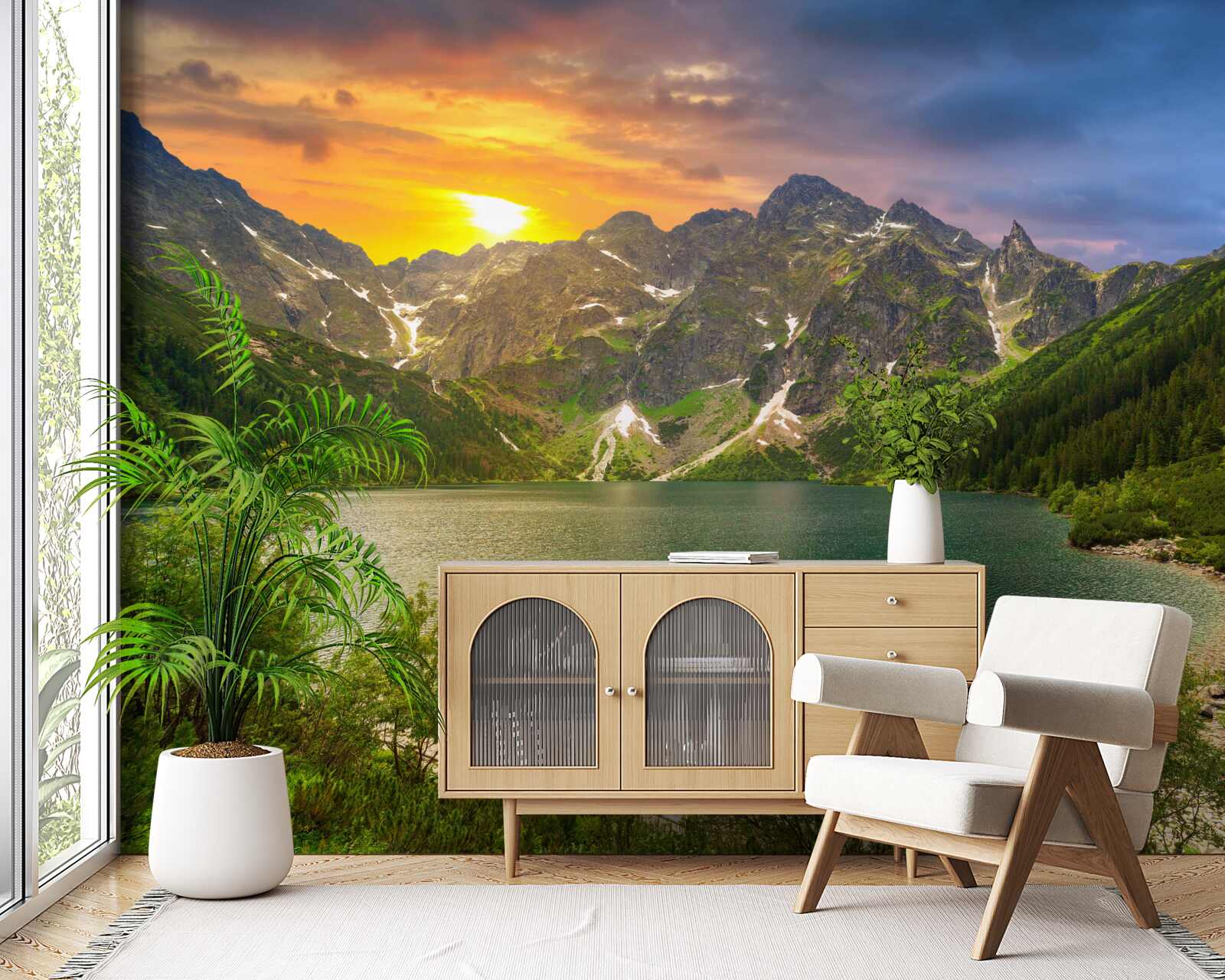 Fototapet apus de soare spectaculos în spatele lanțurilor muntoase de lângă lac