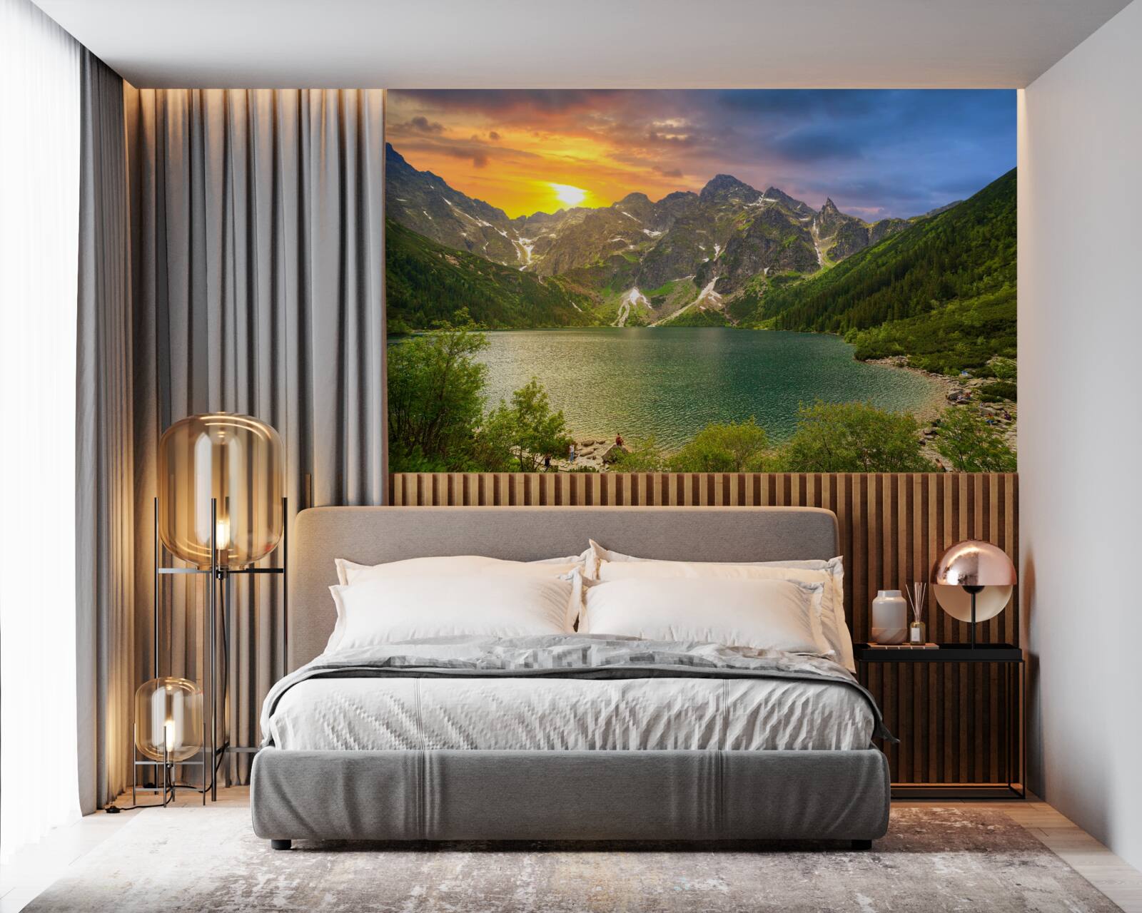 Fototapet apus de soare spectaculos în spatele lanțurilor muntoase de lângă lac
