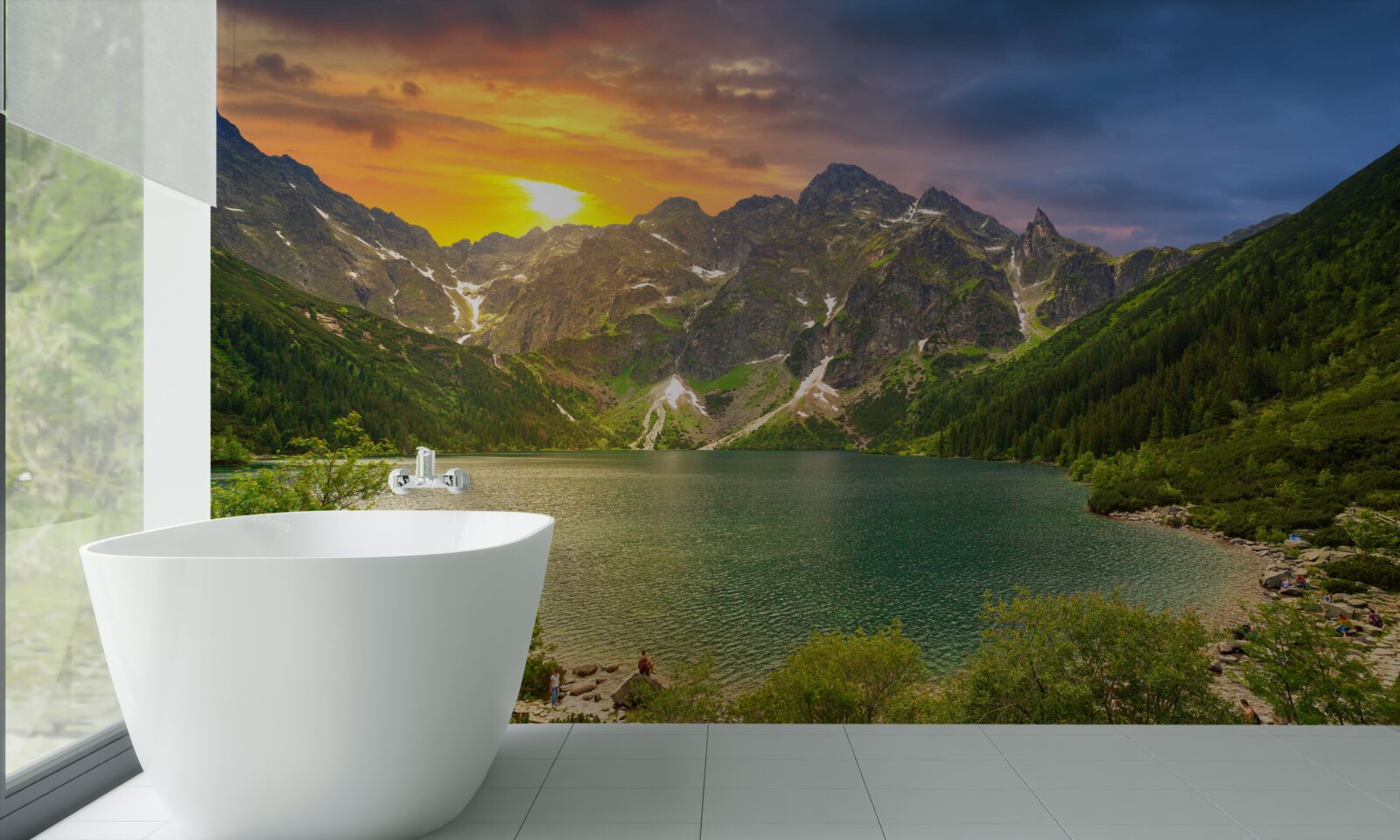 Fototapet apus de soare spectaculos în spatele lanțurilor muntoase de lângă lac