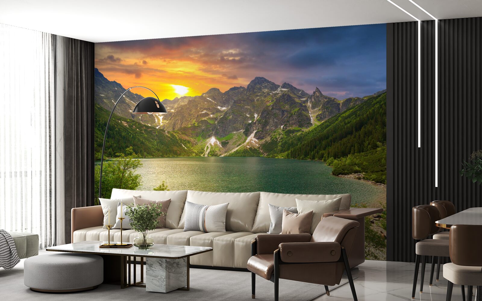 Fototapet apus de soare spectaculos în spatele lanțurilor muntoase de lângă lac