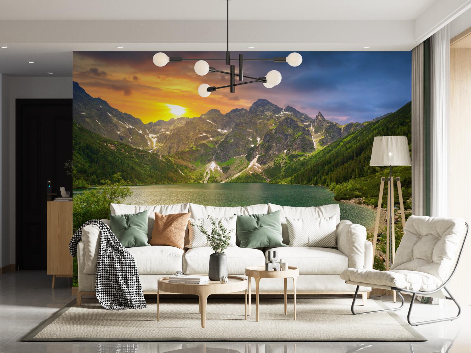 Fototapet apus de soare spectaculos în spatele lanțurilor muntoase de lângă lac