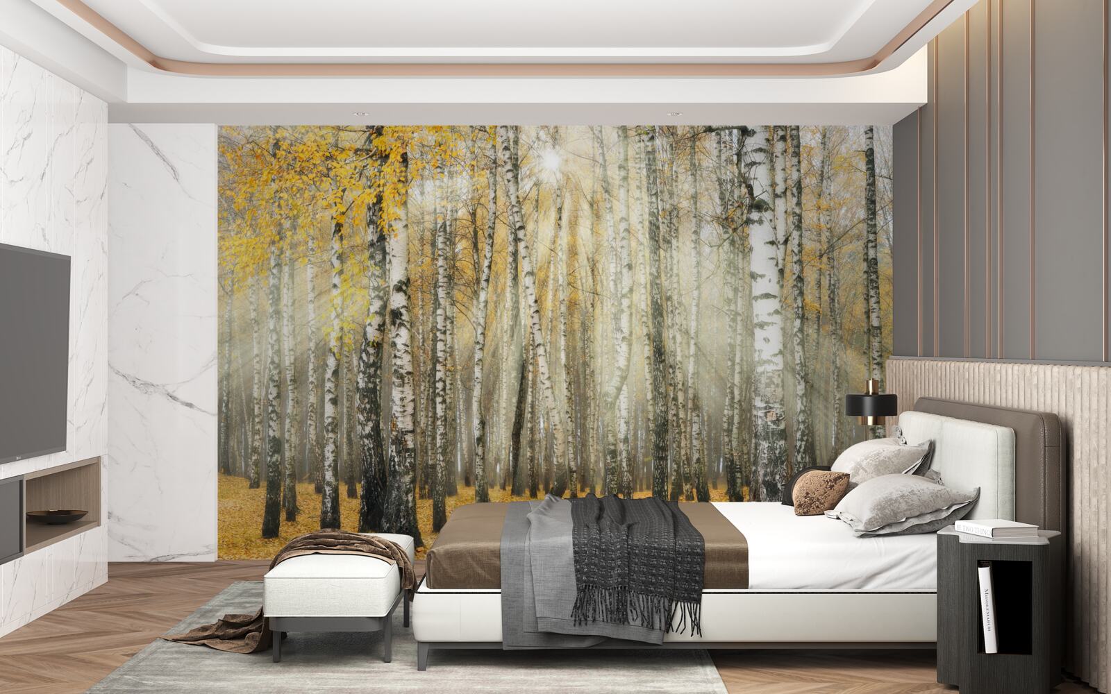 Fototapet Frunze de mesteacăn căzute într-o pădure de toamnă