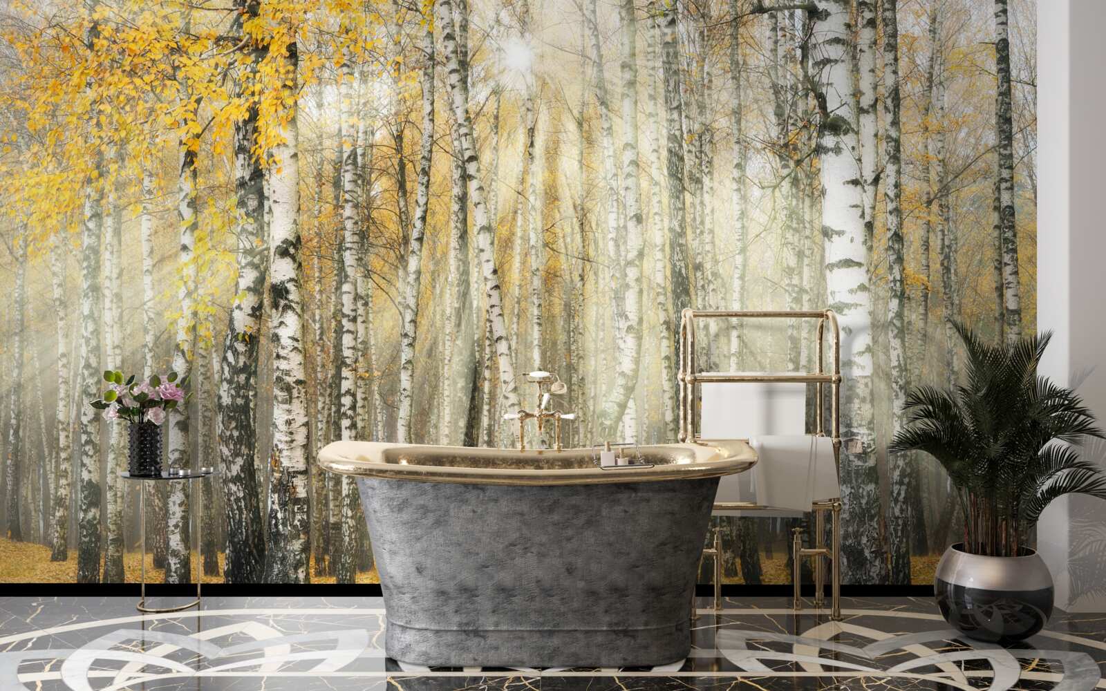 Fototapet Frunze de mesteacăn căzute într-o pădure de toamnă