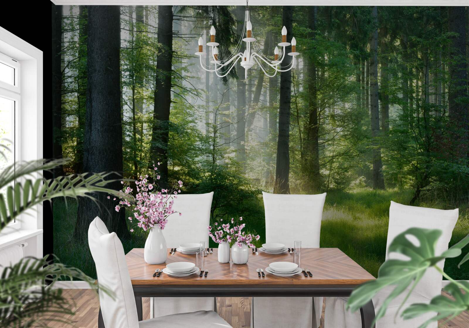 Fototapet o dimineață în pădure, înconjurată de verdeață