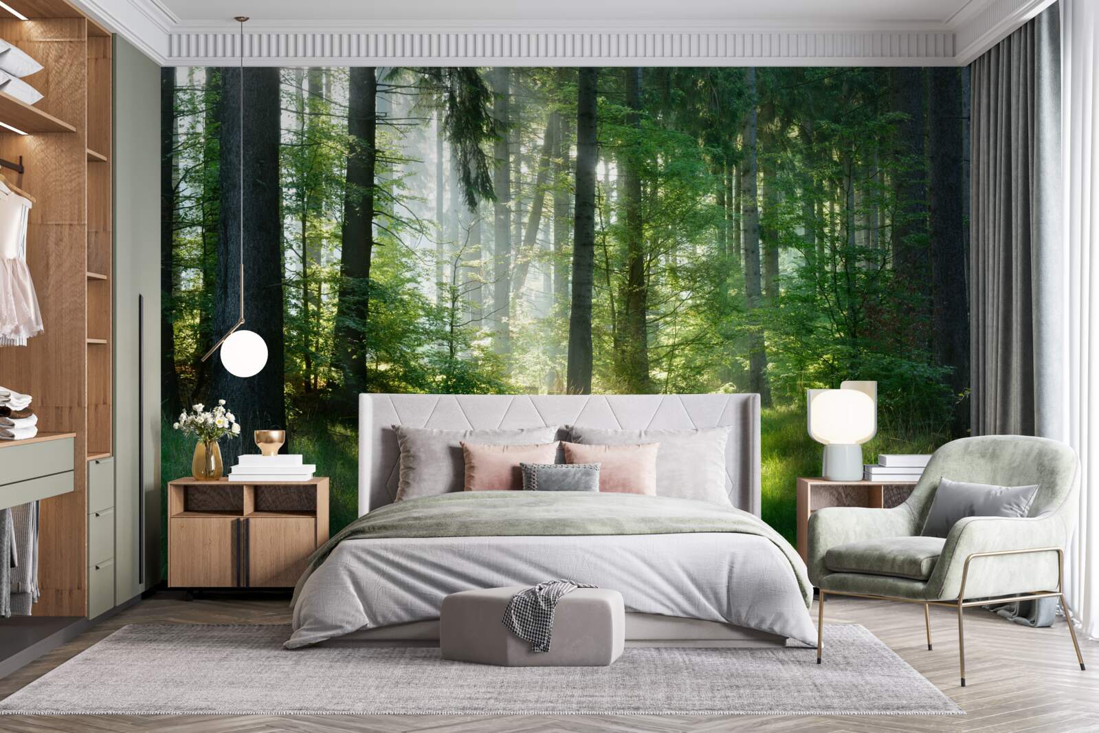 Fototapet o dimineață în pădure, înconjurată de verdeață