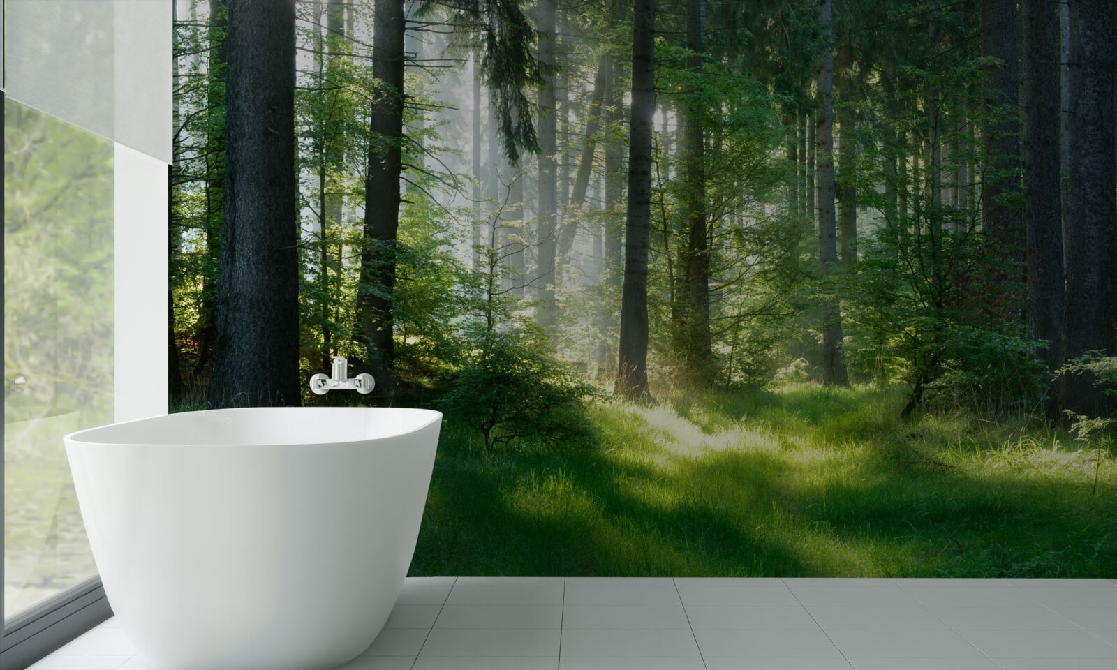 Fototapet o dimineață în pădure, înconjurată de verdeață