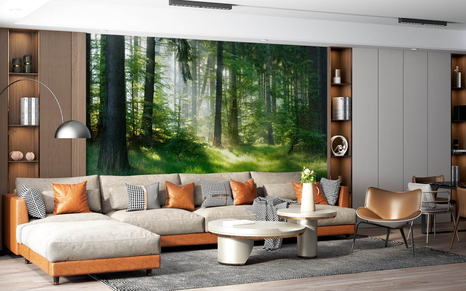 Fototapet o dimineață în pădure, înconjurată de verdeață