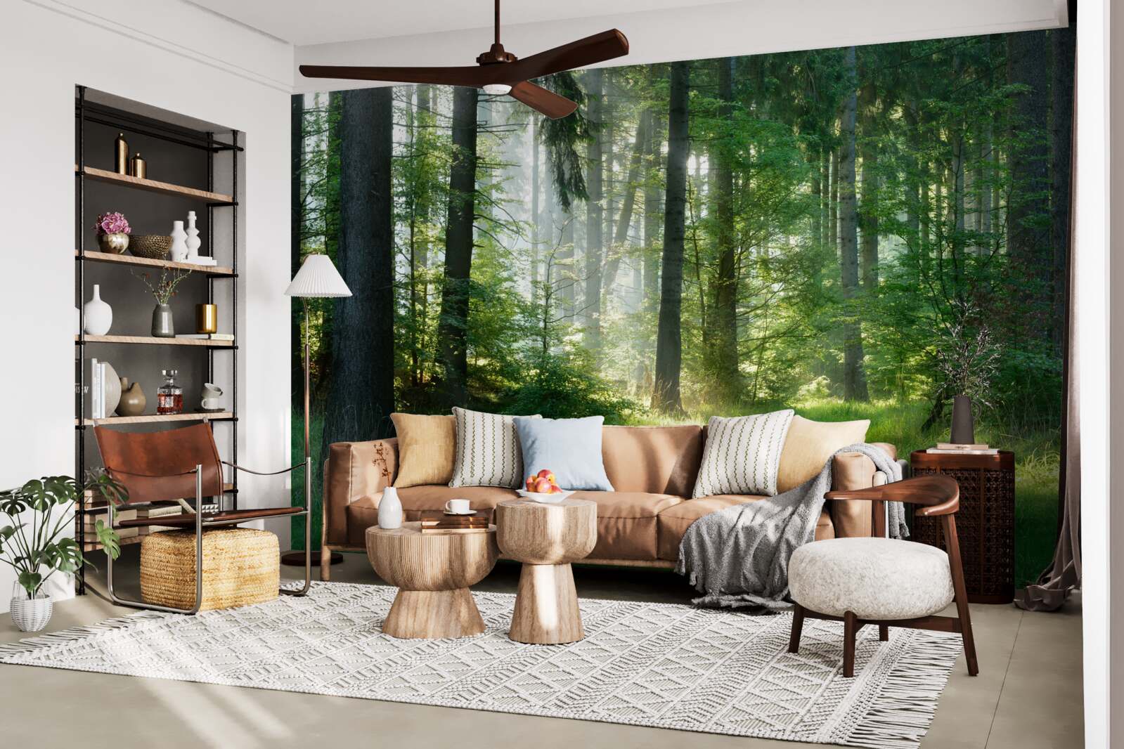 Fototapet o dimineață în pădure, înconjurată de verdeață