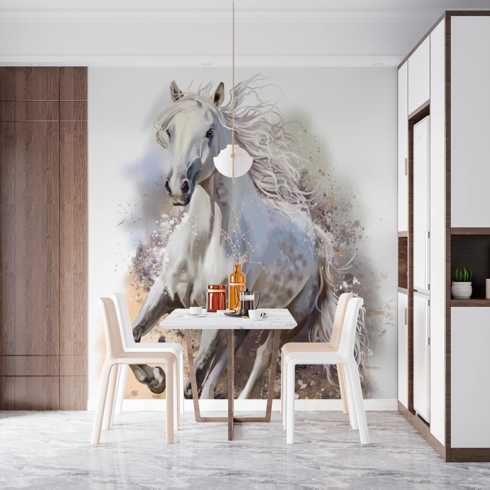 Fototapet Calul alb ca zăpada cu coamă luxuriantă galopează repede