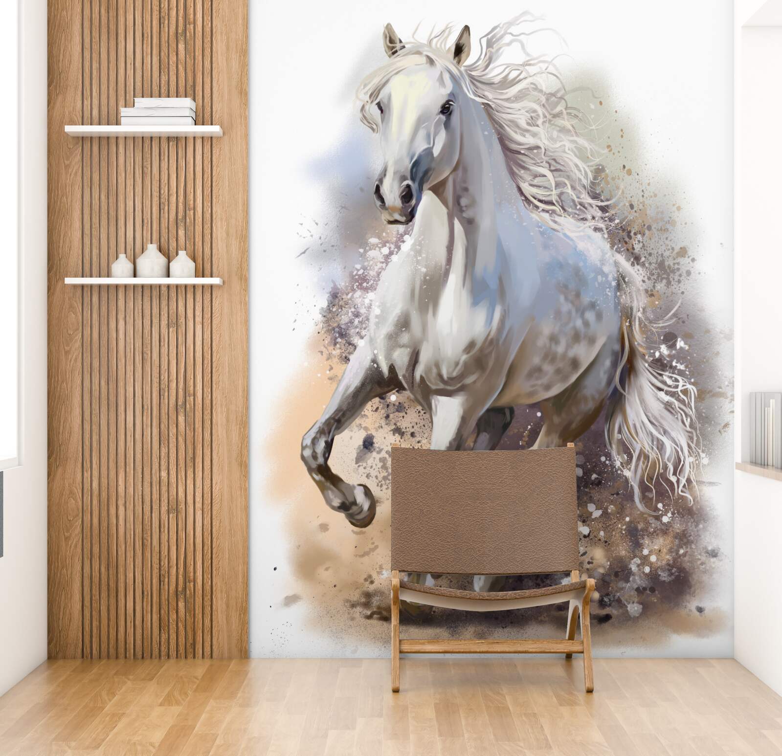 Fototapet Calul alb ca zăpada cu coamă luxuriantă galopează repede