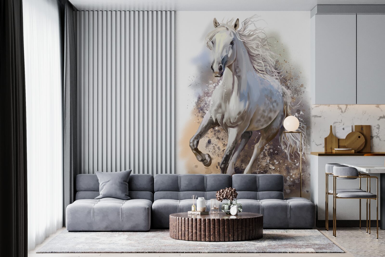 Fototapet Calul alb ca zăpada cu coamă luxuriantă galopează repede