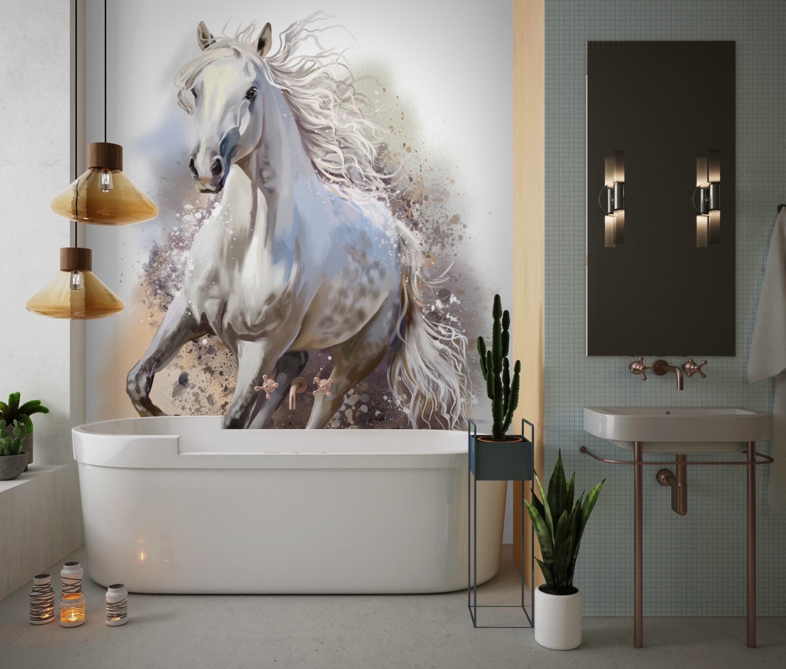 Fototapet Calul alb ca zăpada cu coamă luxuriantă galopează repede