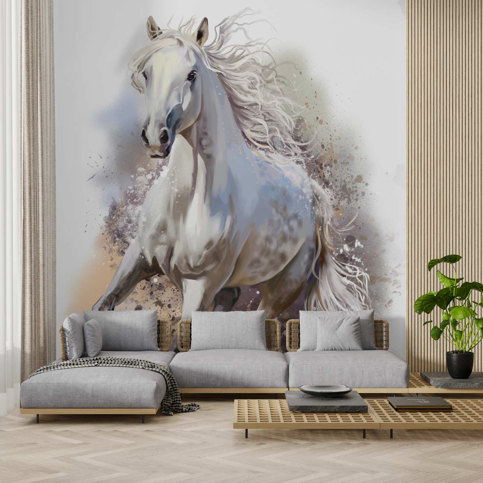 Fototapet Calul alb ca zăpada cu coamă luxuriantă galopează repede