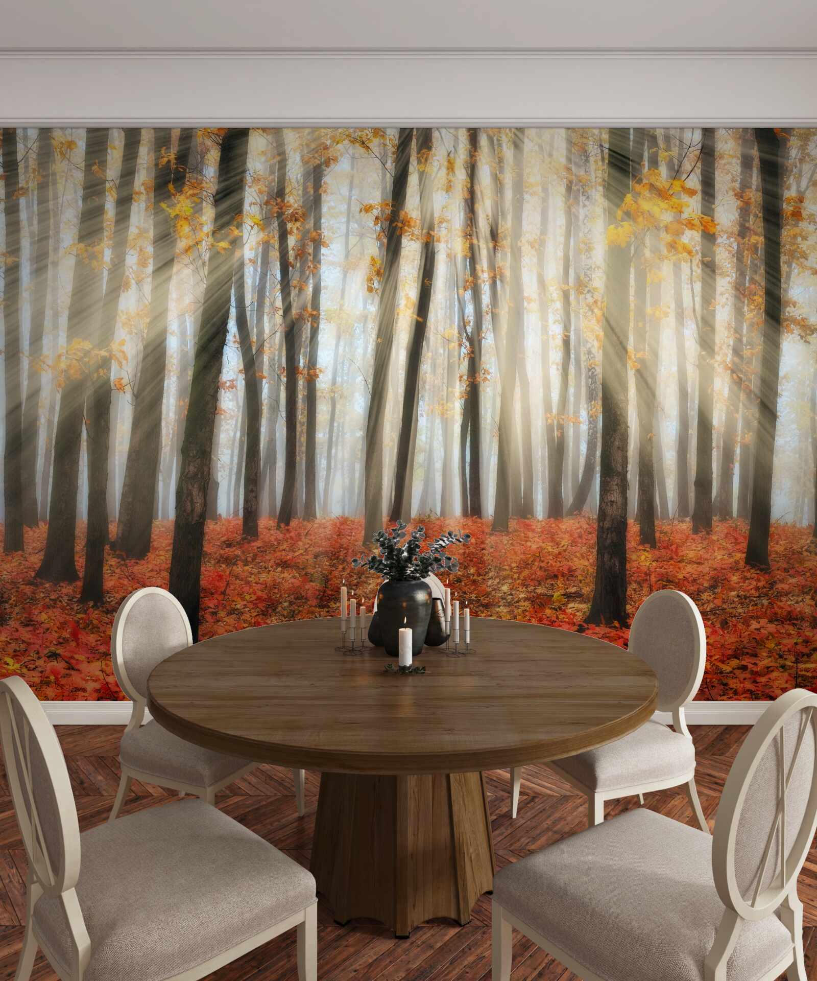 Fototapet soare și copaci grațioși de toamnă care și-au pierdut frunzele