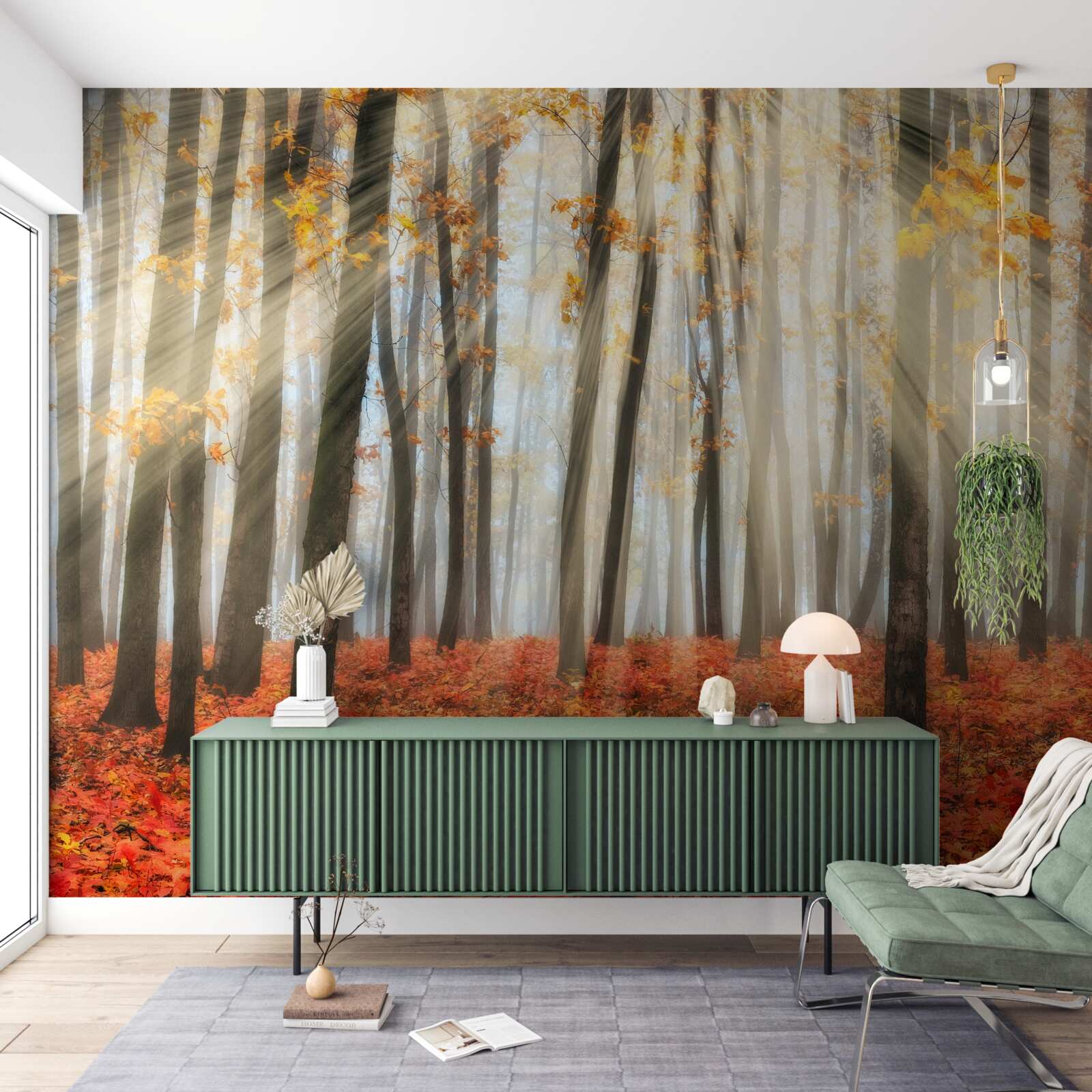 Fototapet soare și copaci grațioși de toamnă care și-au pierdut frunzele