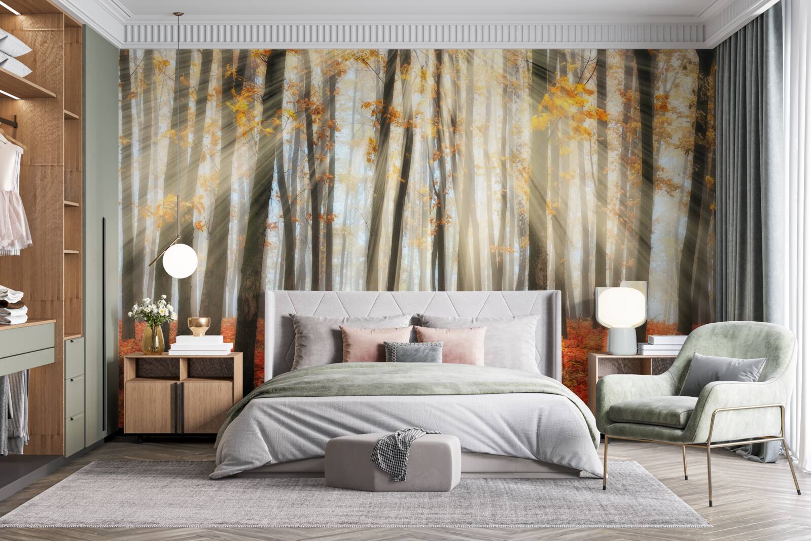 Fototapet soare și copaci grațioși de toamnă care și-au pierdut frunzele