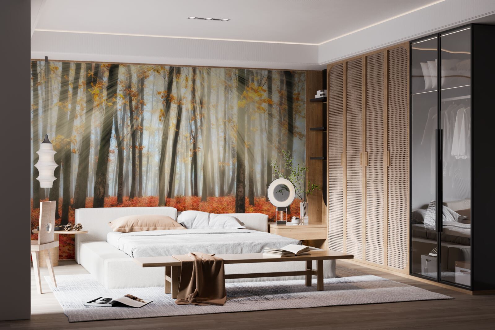 Fototapet soare și copaci grațioși de toamnă care și-au pierdut frunzele