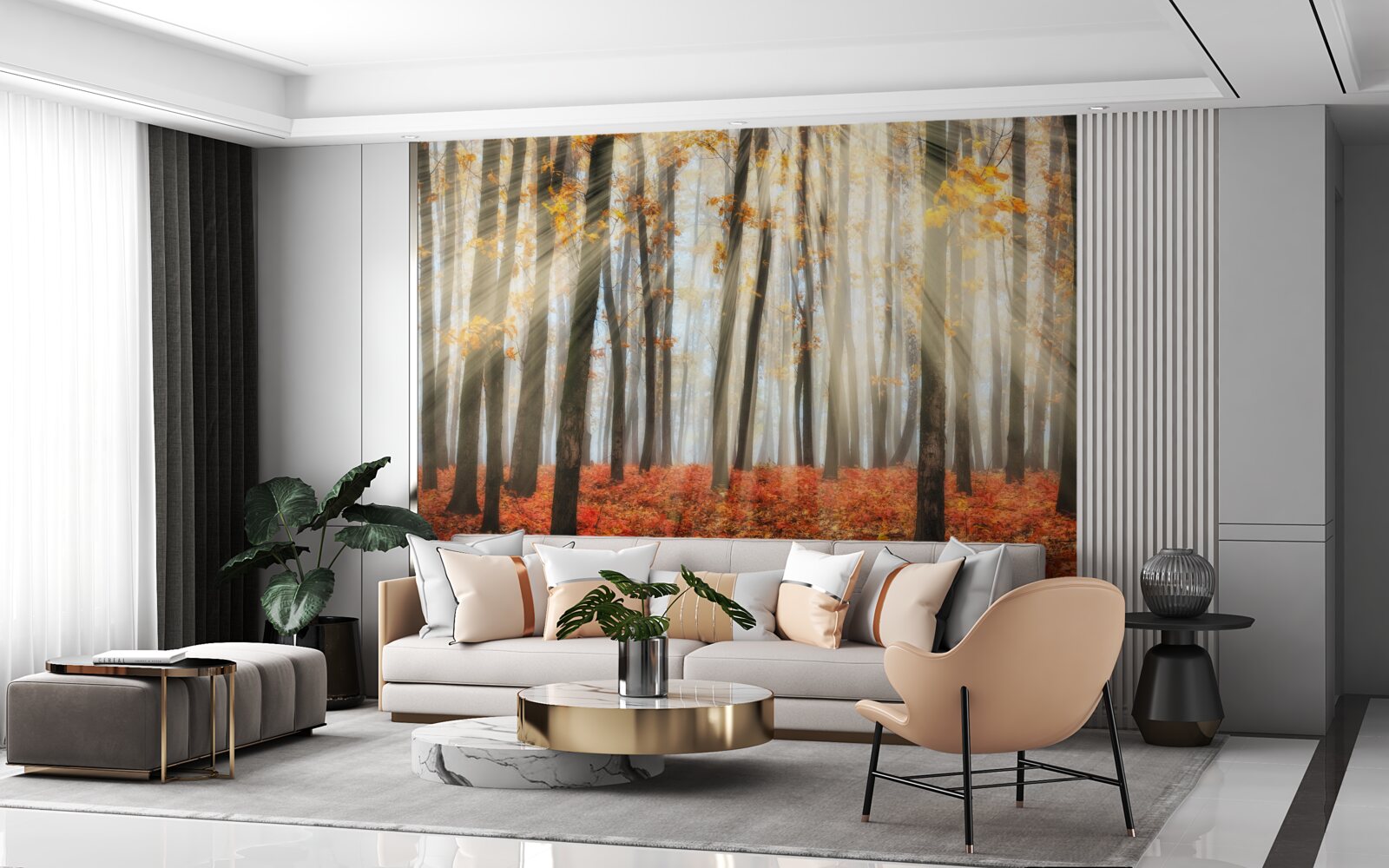 Fototapet soare și copaci grațioși de toamnă care și-au pierdut frunzele