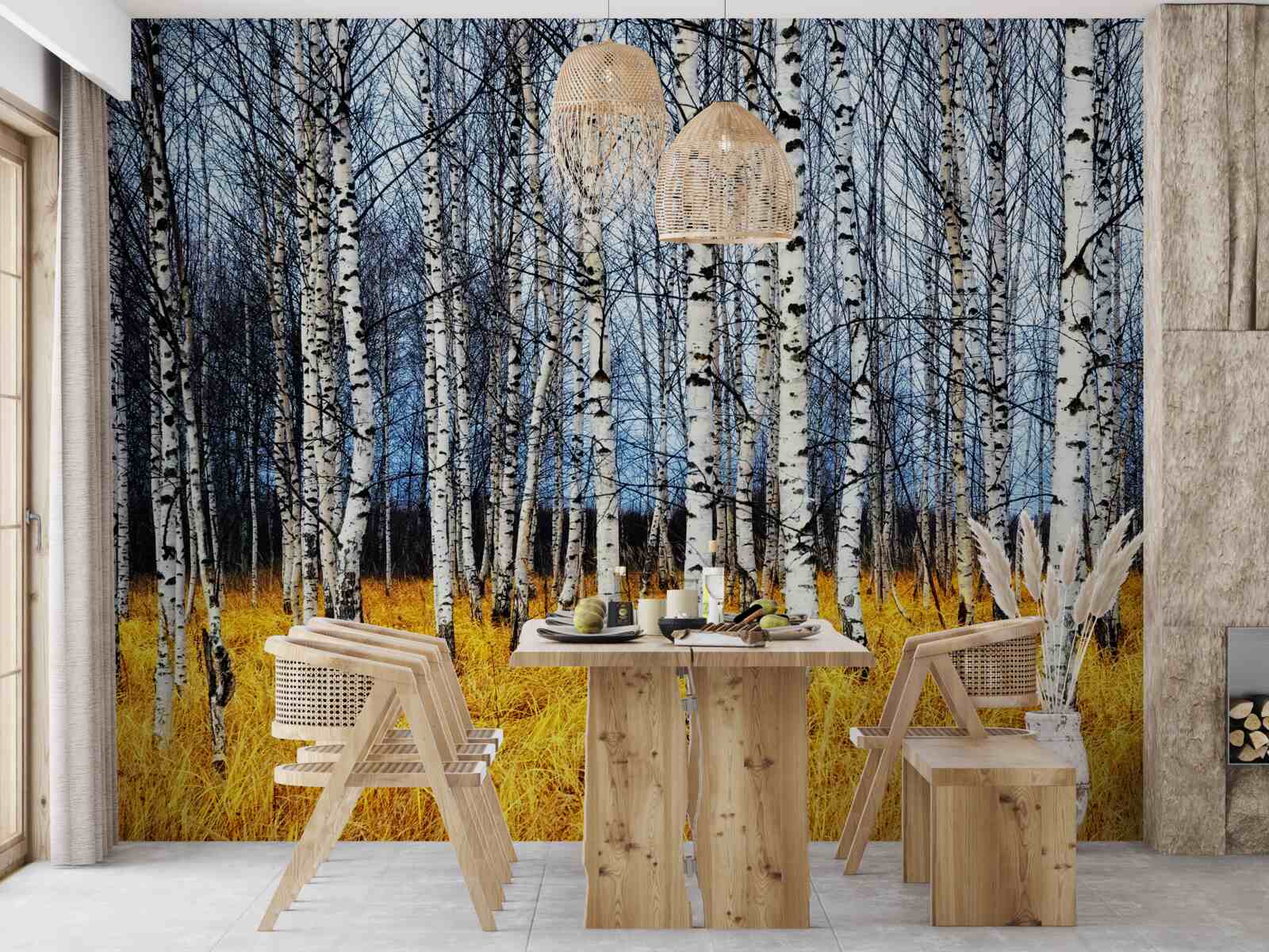 Fototapet frunze de mesteacăn căzute pe un fundal de iarbă de pădure îngălbenită