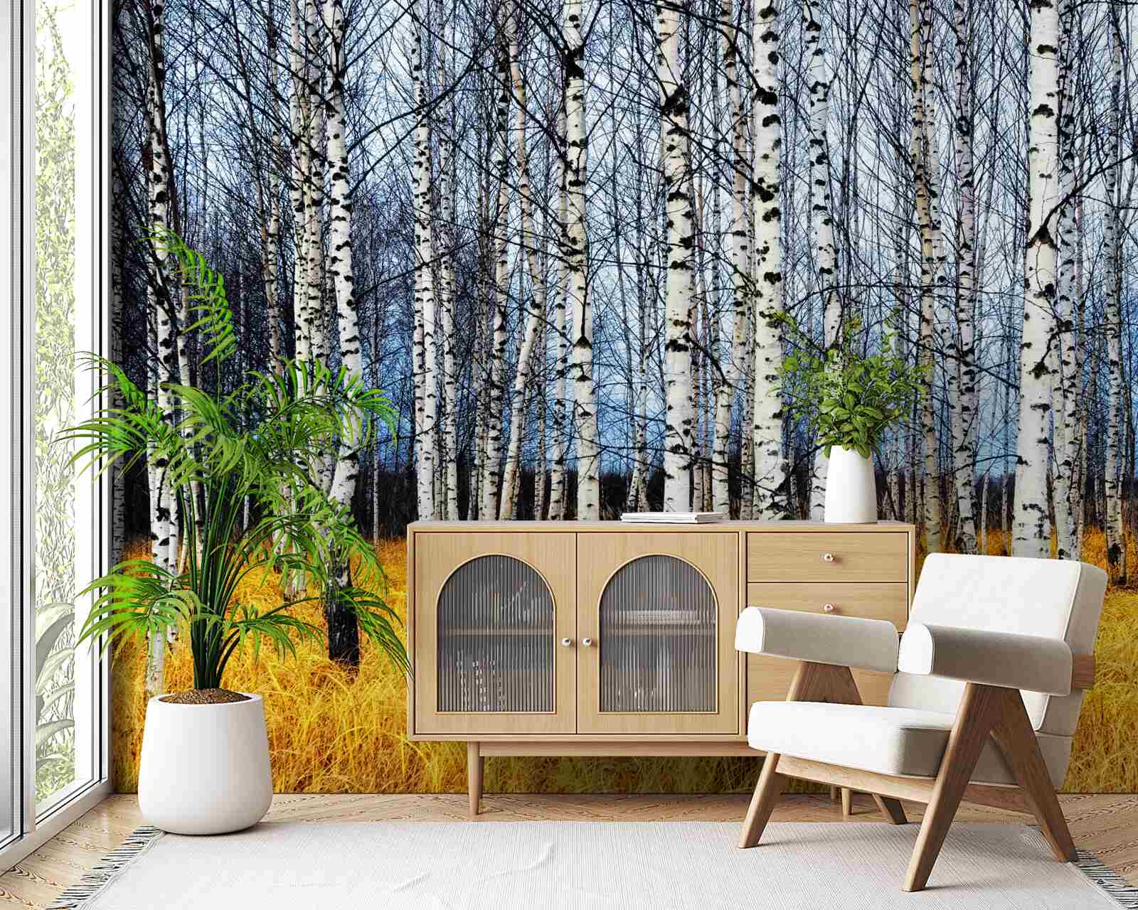 Fototapet frunze de mesteacăn căzute pe un fundal de iarbă de pădure îngălbenită