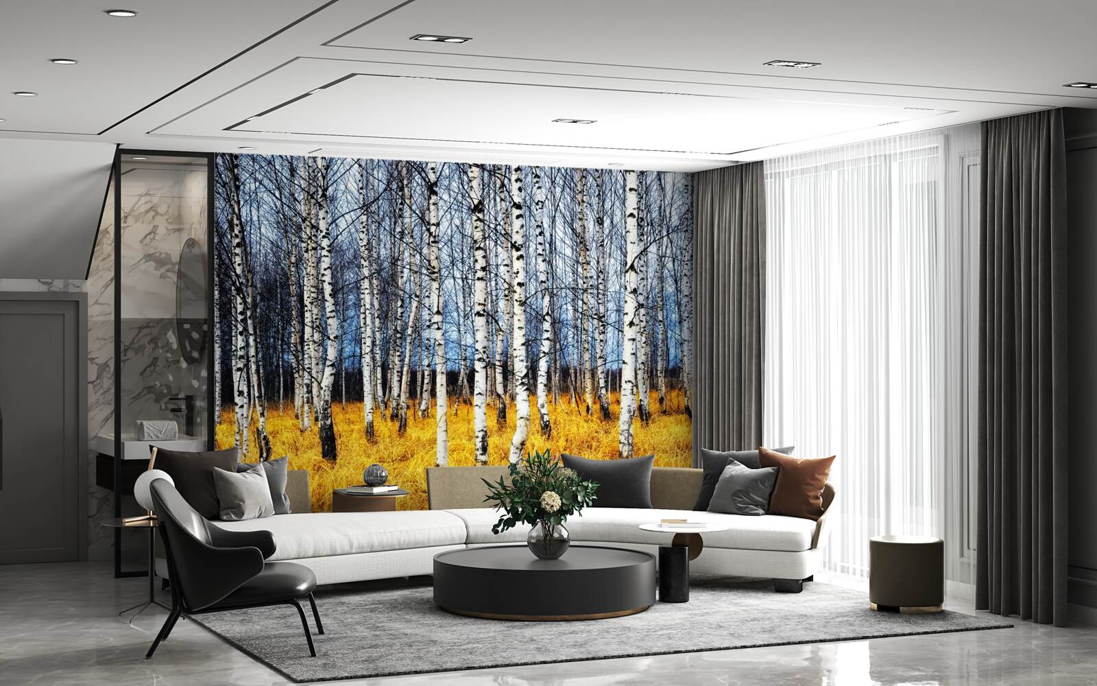 Fototapet frunze de mesteacăn căzute pe un fundal de iarbă de pădure îngălbenită