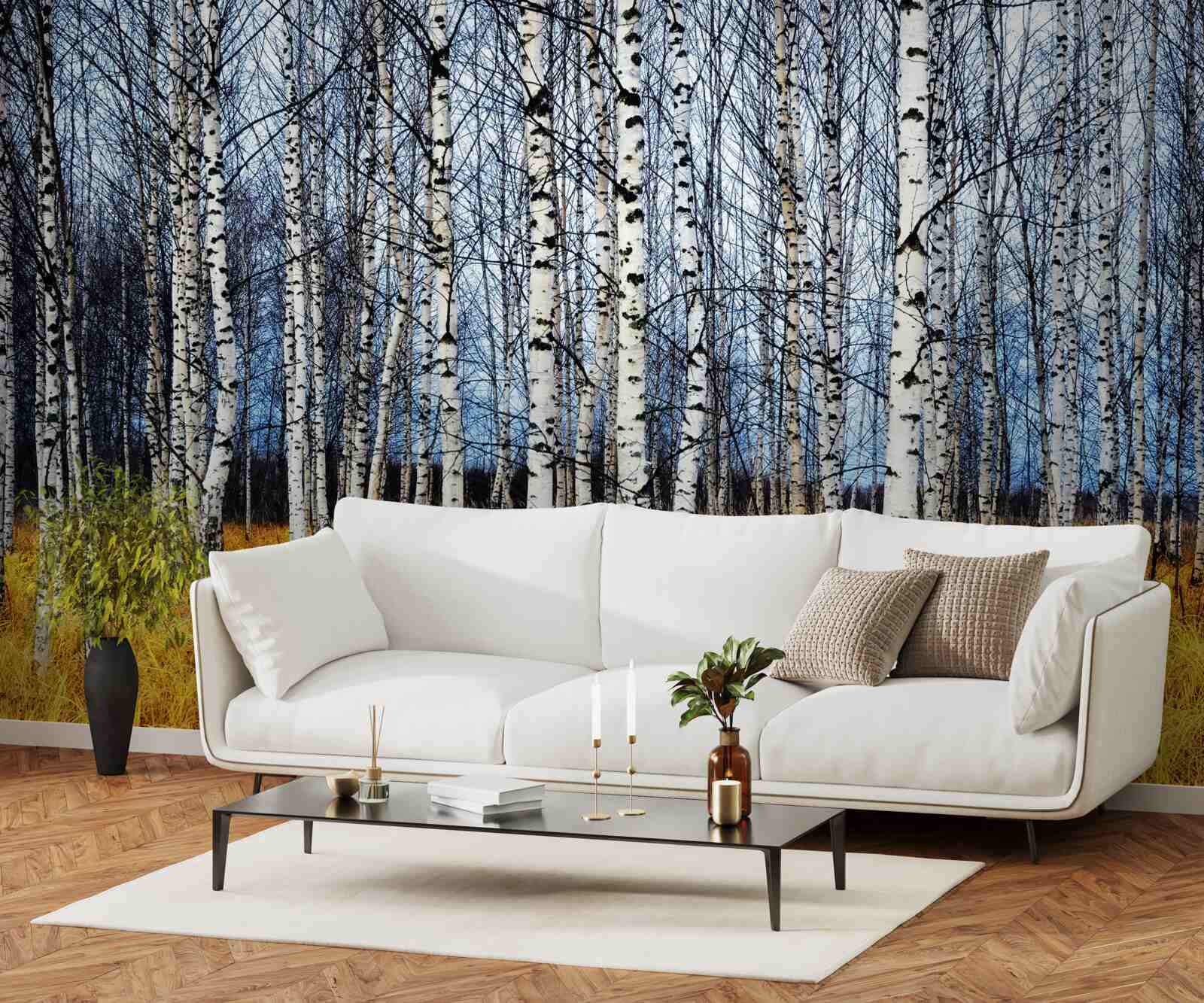 Fototapet frunze de mesteacăn căzute pe un fundal de iarbă de pădure îngălbenită