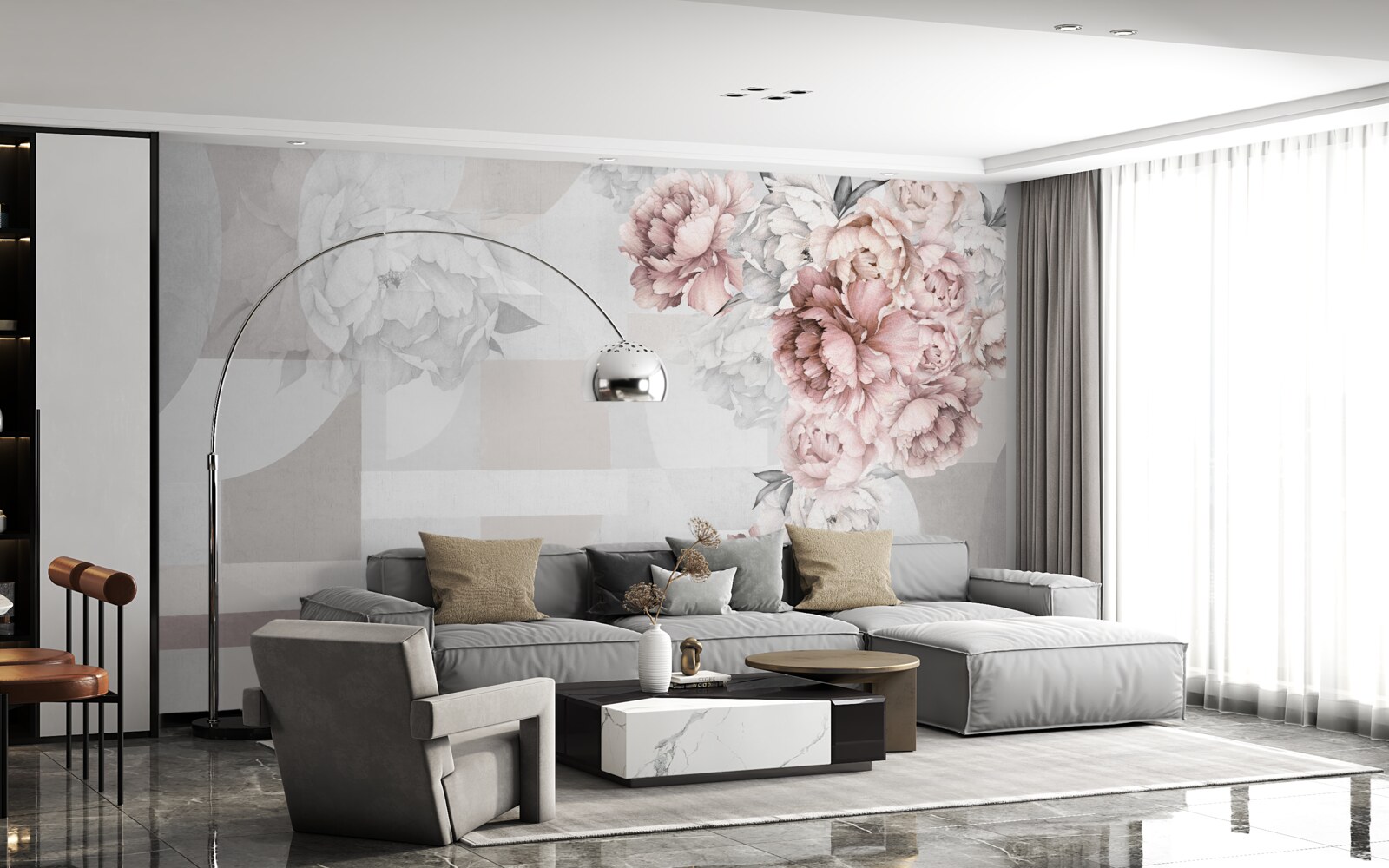 Fototapet flori mari pe un fundal gri