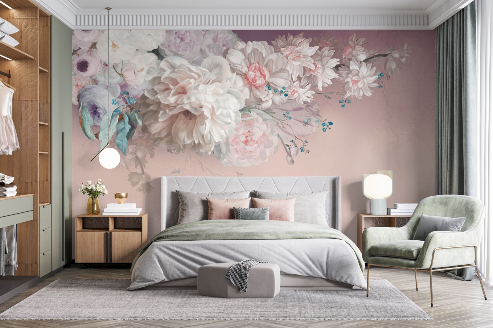 Fototapet pe o ramură se dezvoltă muguri delicați, ușori