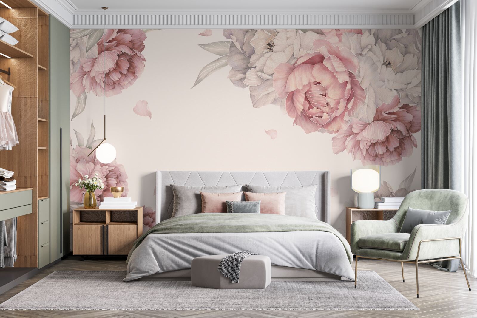 Fototapet ramuri mari de bujori roz