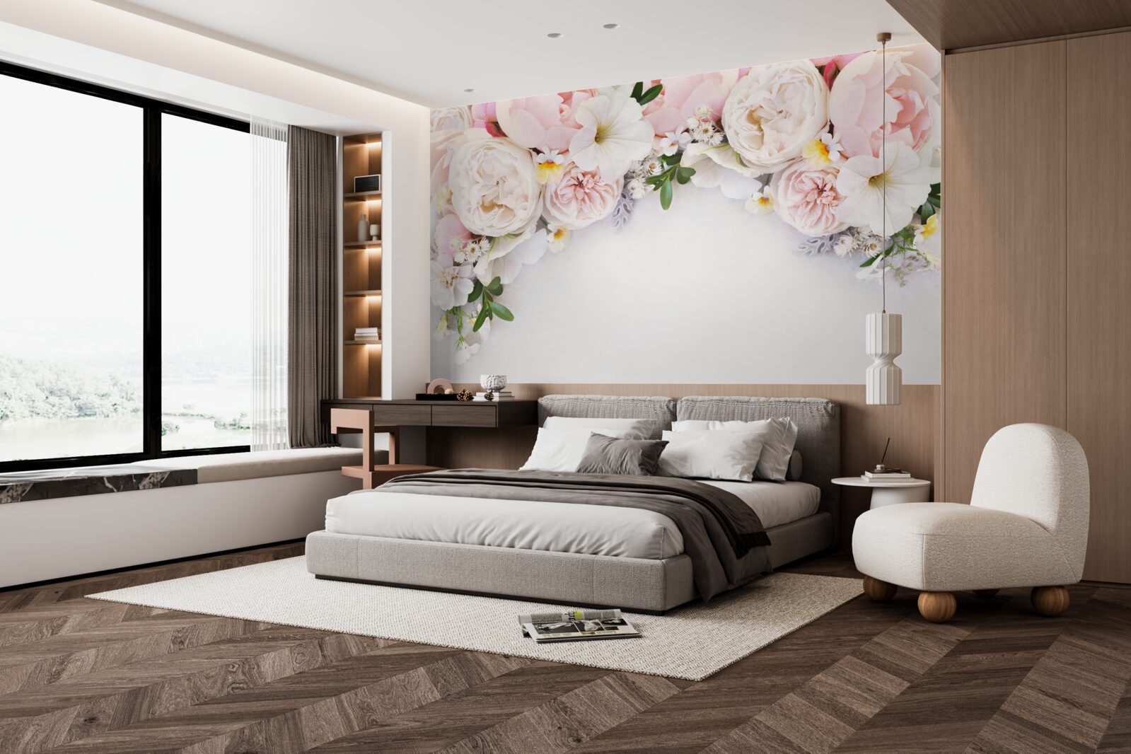 Fototapet o ramură de bujori mari în roz deschis