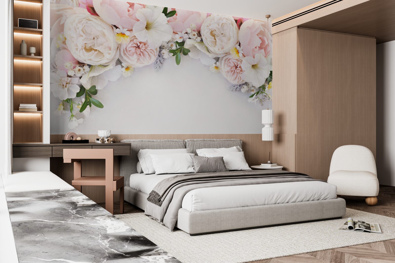 Fototapet o ramură de bujori mari în roz deschis