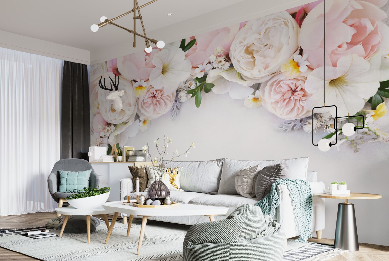 Fototapet o ramură de bujori mari în roz deschis