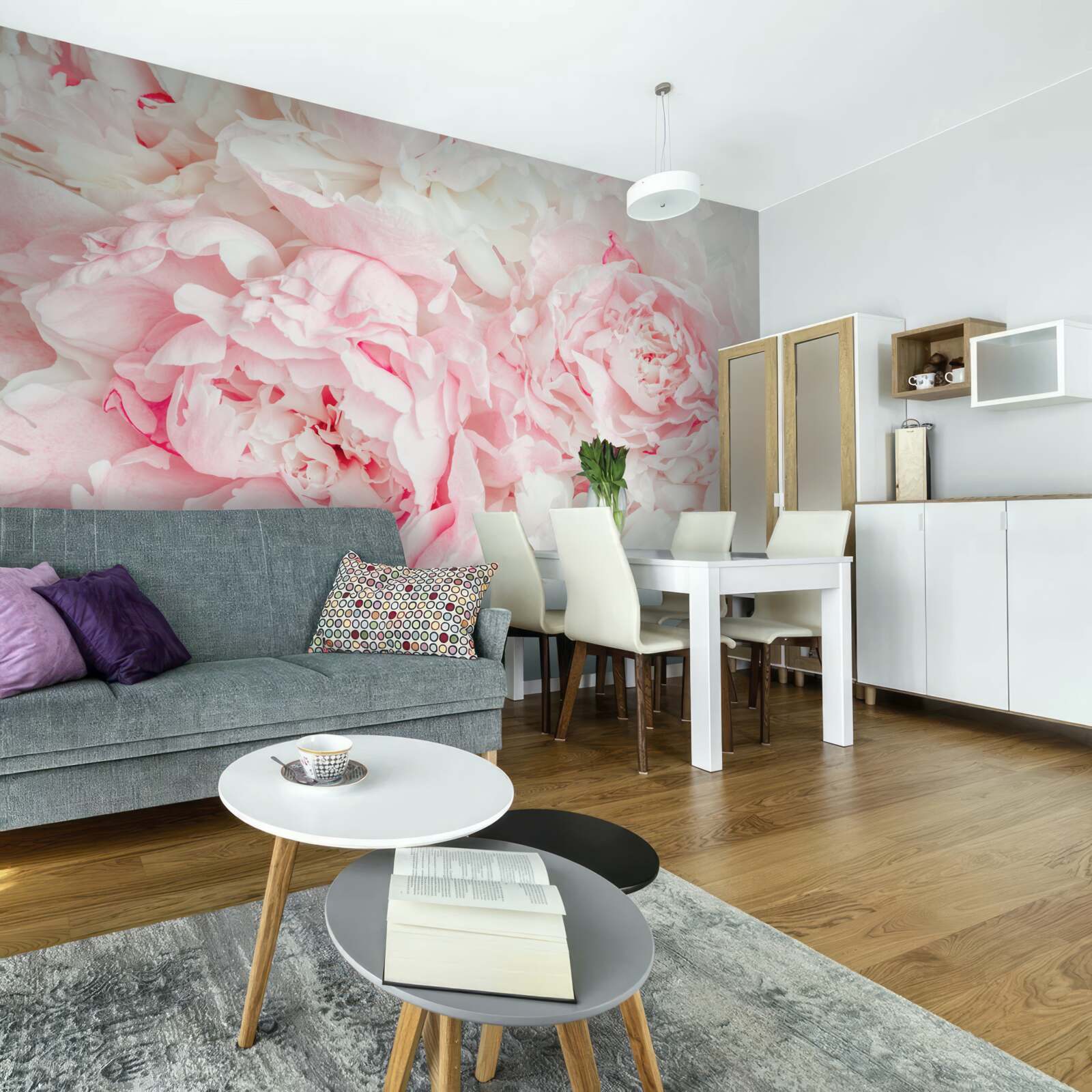 Fototapet flori albe cu frunze mari