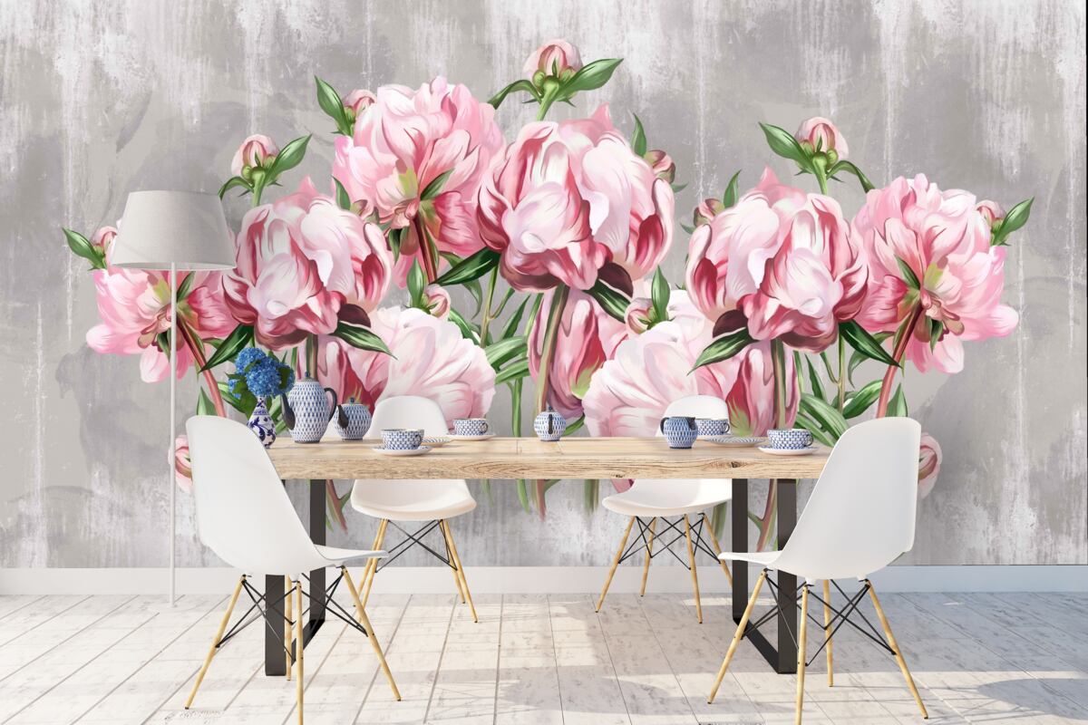 Fototapet vreme ploioasă și bujori roz