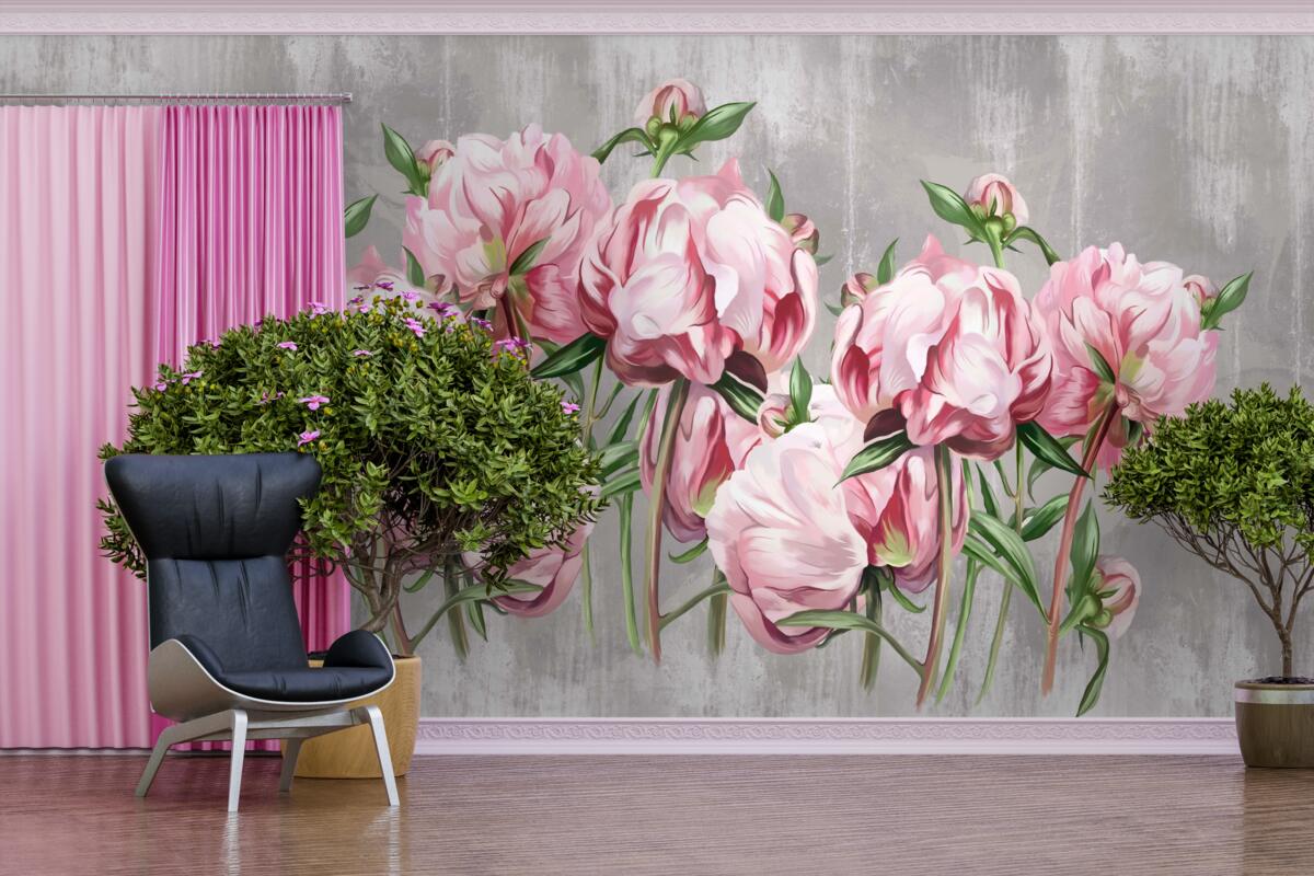 Fototapet vreme ploioasă și bujori roz