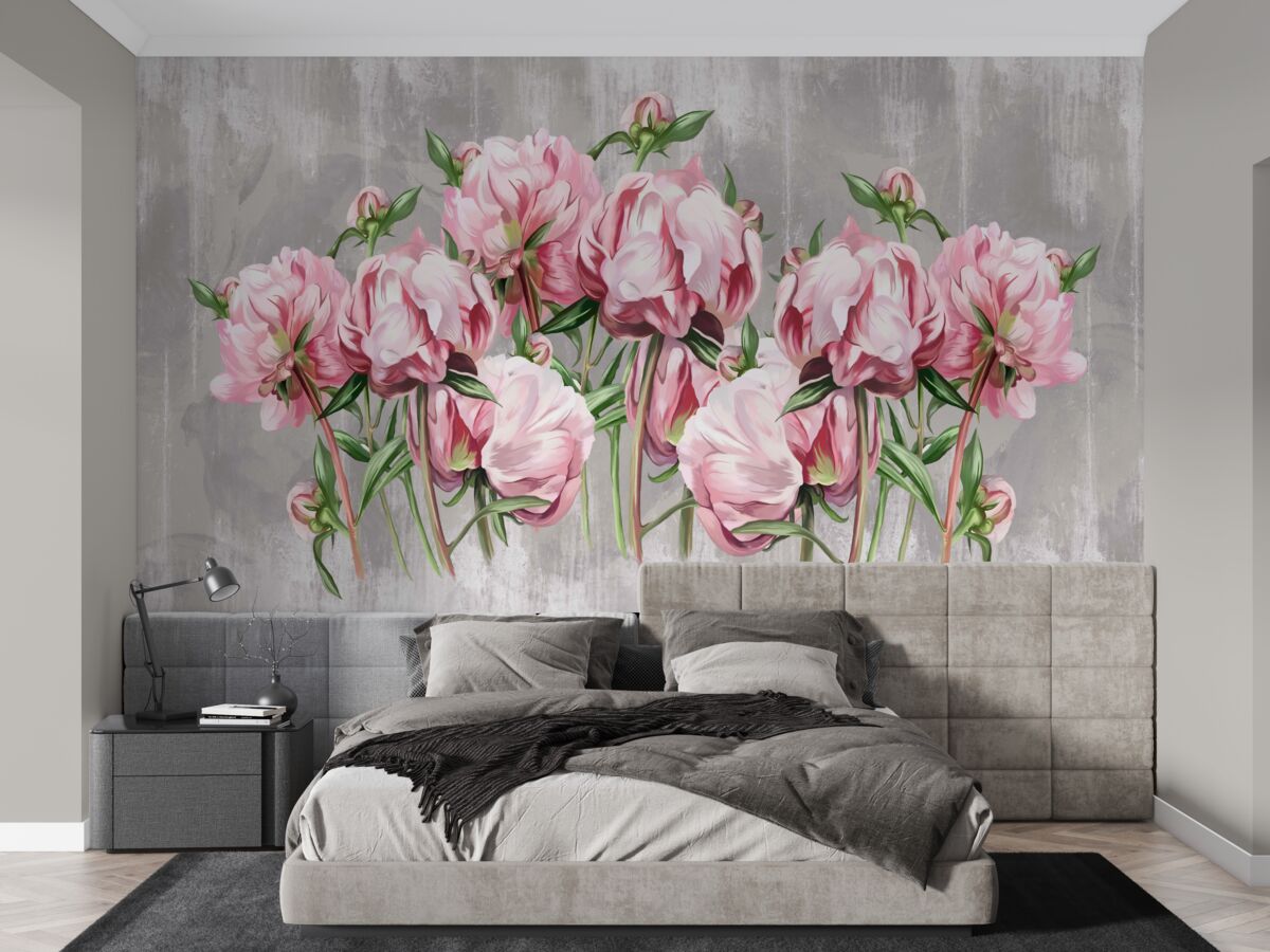 Fototapet vreme ploioasă și bujori roz