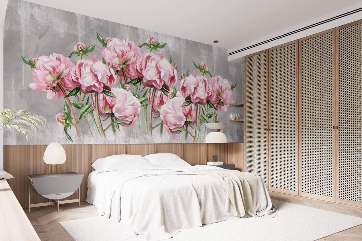 Fototapet vreme ploioasă și bujori roz