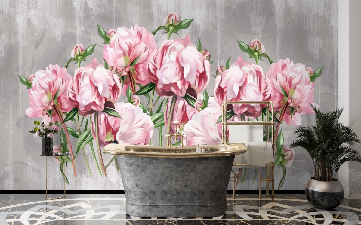 Fototapet vreme ploioasă și bujori roz