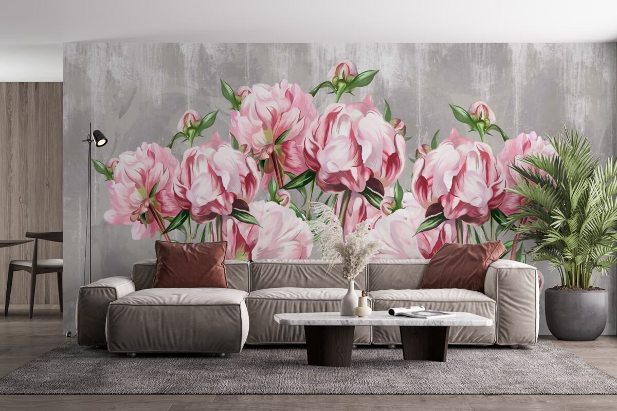 Fototapet vreme ploioasă și bujori roz