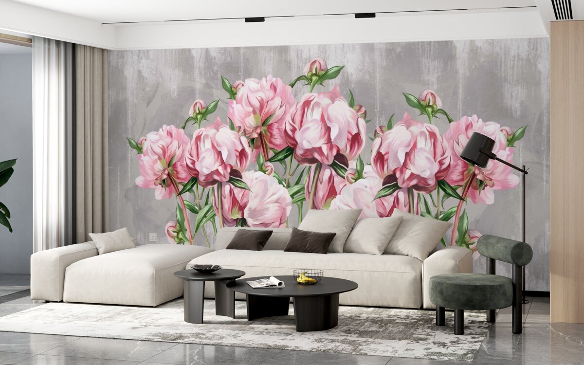 Fototapet vreme ploioasă și bujori roz